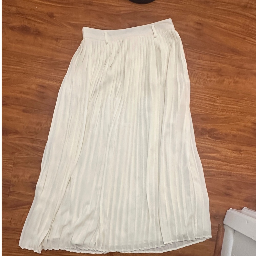 Cream Pleated Midi Skirt Off White Accordion Pleats Lined Long Skirt Womens S